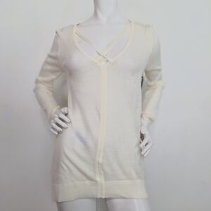 Poof Apparel NEW Cream Coquette Feminine Criss Cross Strappy Tunic Sweater Sz. M